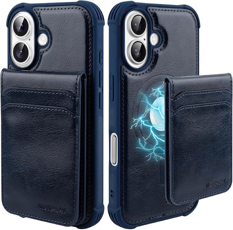 MONASAY Magwallet Case Compatible for iPhone 16,[Support MagSafe Wireless Charging][Glass Screen Protector] Flip Magnetic Leather Wallet Phone Cover with Detachable RFID Blocking Card Holder, Black iPhone 16 Dark Blue