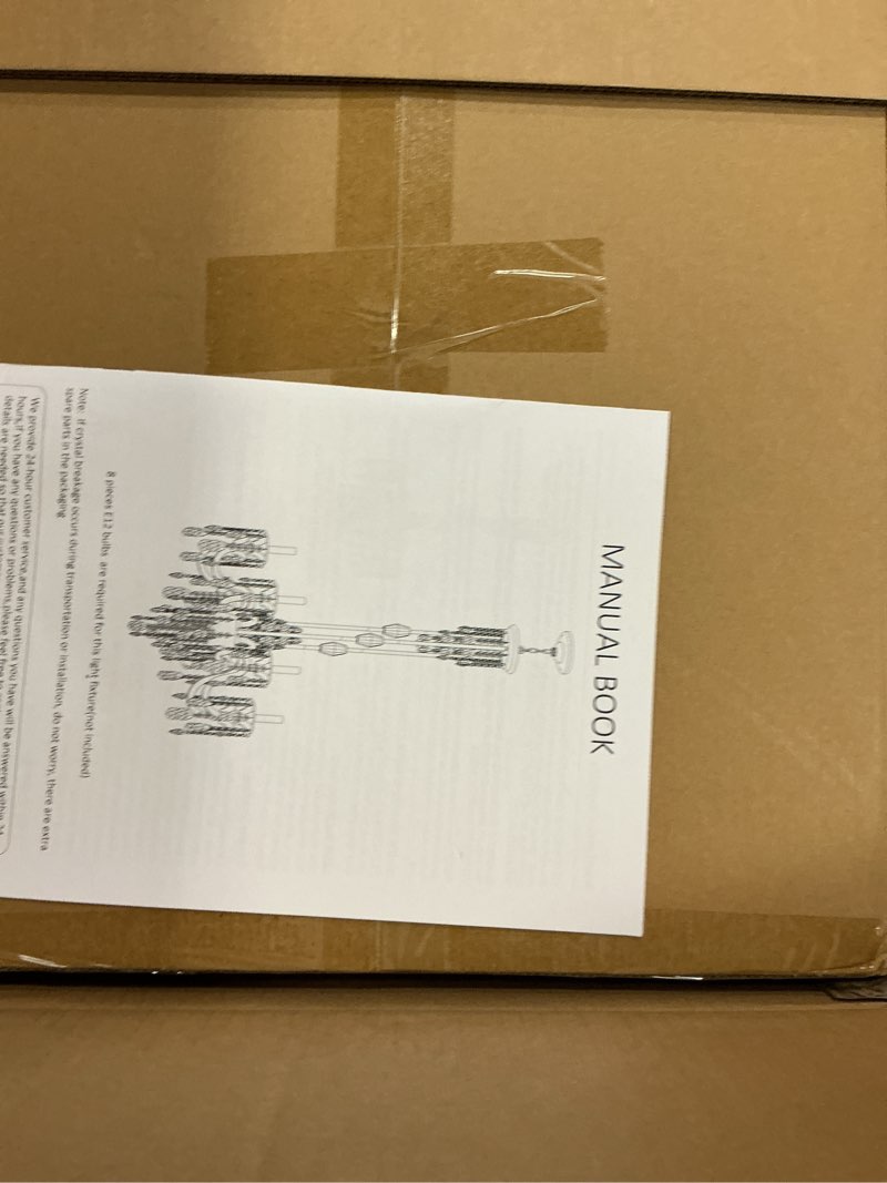 Condition photo showing New/Like New for 8-light crystal candle chandelier, brass gold chandelier for dining room, entryway & living room, adjustable height, e12 base gold 8 lights