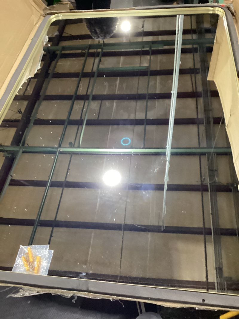 Condition photo showing New/Like New for newbulig 32x48 inch bathroom mirror for over sink, wall vanity mirrors tempered glass, anti-rust metal framed rounded rectangle, hangs horizontally or vertically, farmhouse home decor, gold gold-rect 32"l x 48"w