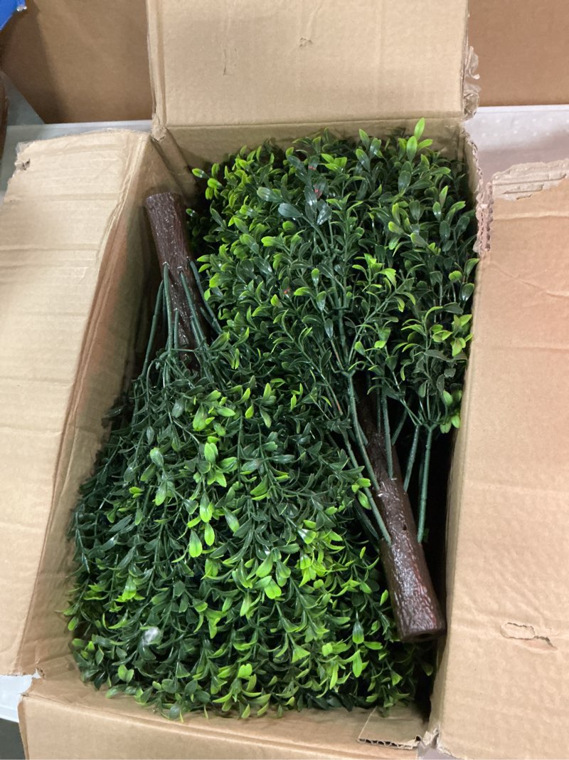 Condition photo showing Good Condition for artificial boxwood topiary ball trees with baby breath flowers with spikes for outdoor 24" set of 2 , uv resistant faux greenery shrubs, realistic fake bushes plant for garden yard front porch decor boxwood baby breath