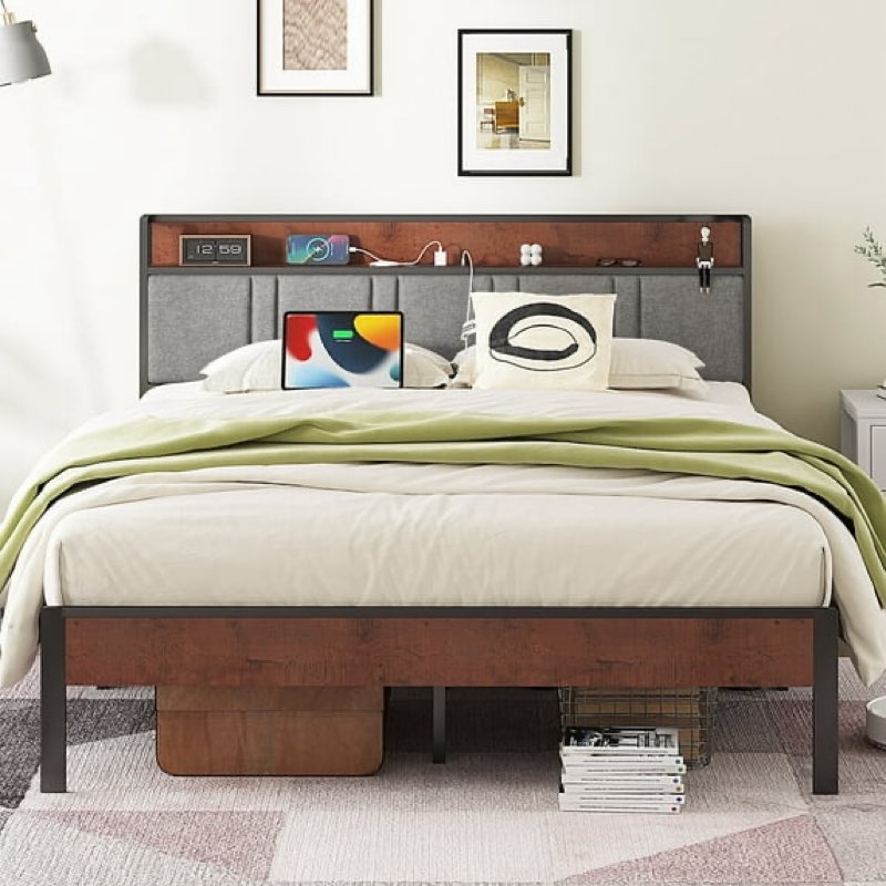 nisien king size bed frame, platform bed with charging station and storage upholstered headboard, gray