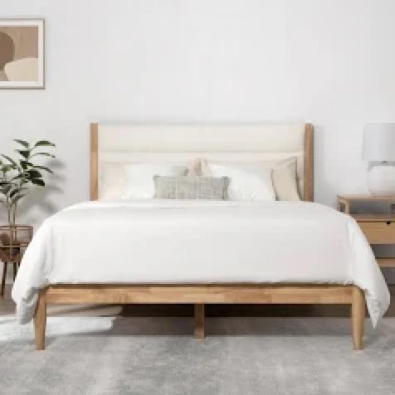 kislot wood bed frame with upholstered headboard wooden platform with silent slat support mattress f
