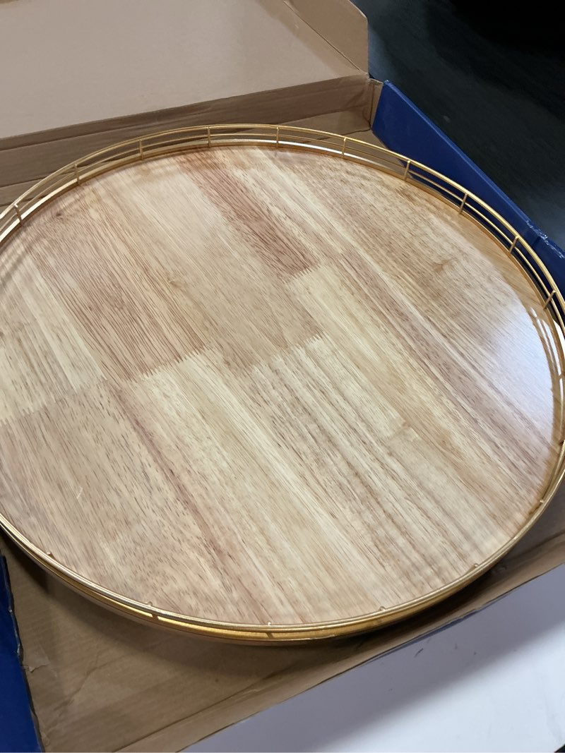 Condition photo showing Good Condition for 18 inch rustic lazy susan turntable – solid oak & iron wood rotating tray for dining table, kitchen counter, coffee table – farmhouse style large wooden lazy susan organizer for home décor natural oak 18 inches