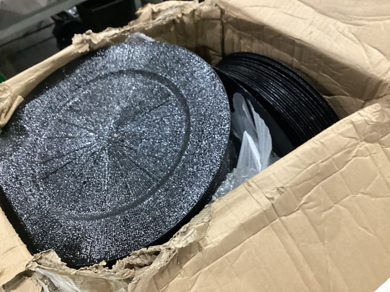 Condition photo showing As Is for tanlade 100 pcs charger plates bulk, 13 inch plastic round charger dinner plates elegant wedding serving plate for event tabletop wedding party bridal baby shower decor (black) modern style black 100