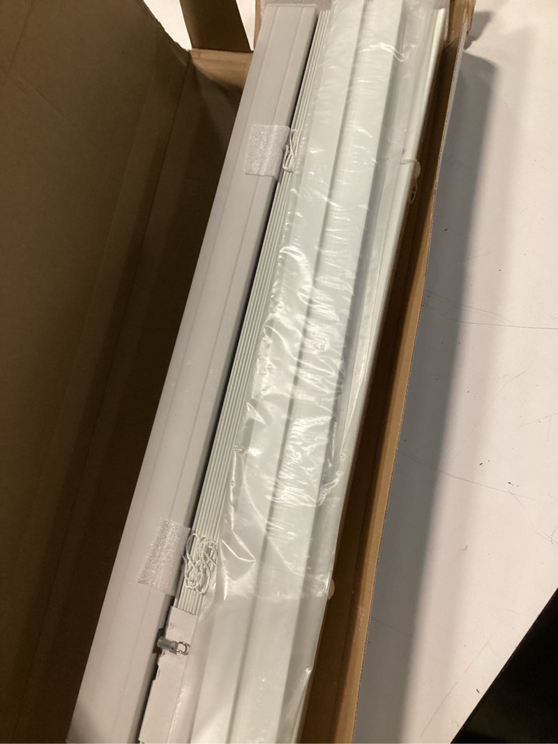 Condition photo showing Good Condition for cordless room darkening plantation blind - 27 inch width, 64 inch length, 2" vinyl slat size - white - gii madera falsa faux wood, light filtering horizontal windows blinds by achim home decor
