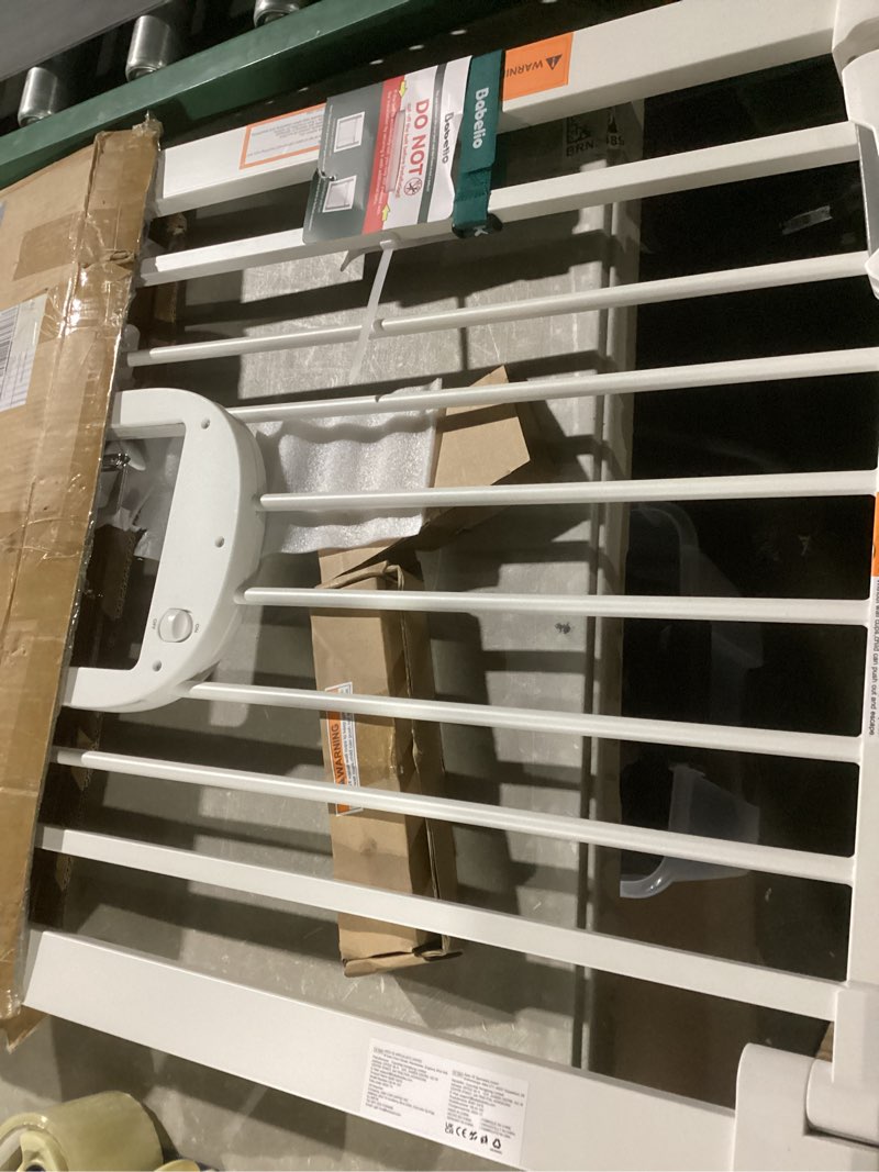 Condition photo showing As Is for babelio 29-48" extra wide baby gate with adjustable cat door,easy install pressure/hardware mounted,auto close pet door for stairs,house,doorways,effortless walk thru,white white 29-48" wide, 30" tall
