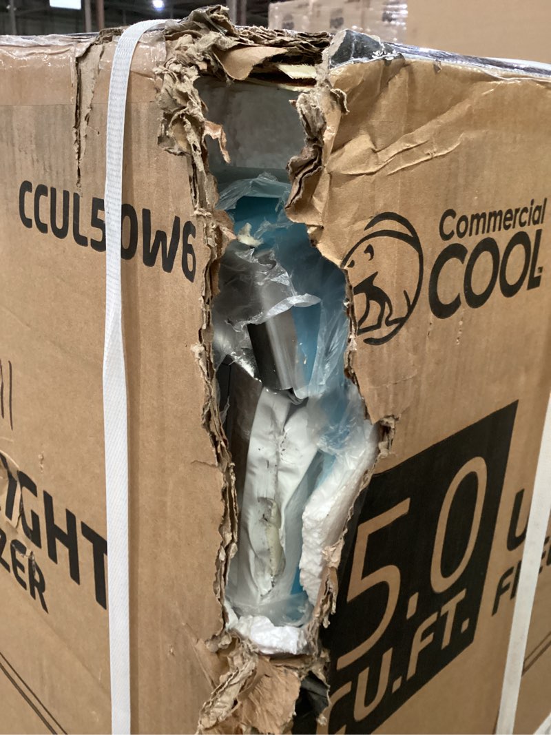Condition photo showing As Is for damged not tested *commercial cool upright freezer, stand up freezer 5 cu ft with reversible door, white 5.0 cu. ft