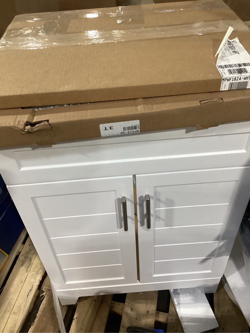 Condition photo showing As Is for project source alec 24-in true white single sink bathroom vanity with white cultured