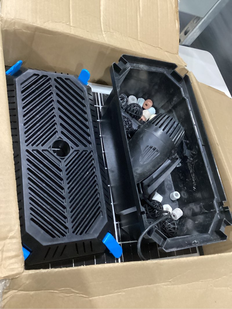 Condition photo showing As Is for used missing pieces npoposoap 55w solar fountain pump with pond filter box, solar pond pump 580gph adjustable flow, pond filters for outdoor ponds fish tank pool waterfall koi pond water feature