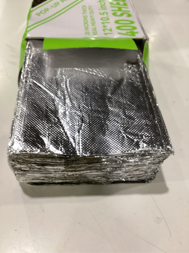 Condition photo showing As Is for aluminum foil sheets, 400 count tin foil,12" x 10.6" pre-cut pop-up dispenser for food wrap, hot dog or sandwich wrap,food storage, baking, catering, restaurant,kitchen use (silver, 12 inch)