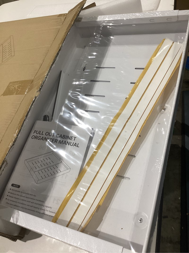 Condition photo showing Good Condition for spaceaid pull out cabinet organizer, 1 pack expandable 11.8"-19.6" (need to pull to widen) heavy duty pull-out drawer with adhesive tape for kitchen storage cabinets (white, 17" deep)