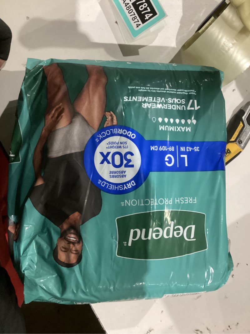 Condition photo showing New/Like New for underwear, depend max absrb men lg (units per pack: 17)