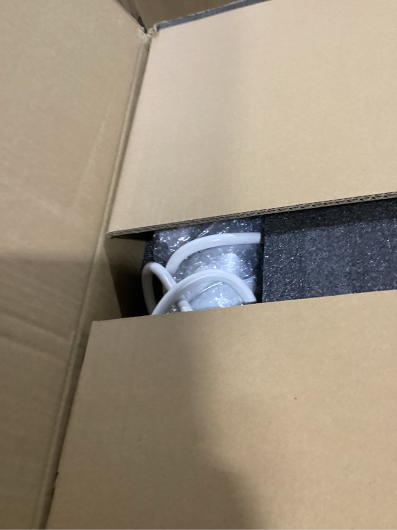 Condition photo showing As Is for LLDEPLL Floor Mobile TV Stand with Power Outlet, Rolling TV Cart for 27-65 Inch OLED LED Monitors, 6 Levels of Height Adjustment, Ambient Lighting on The Bottom Wheels Holds up to 88lbs, 400x400mm White