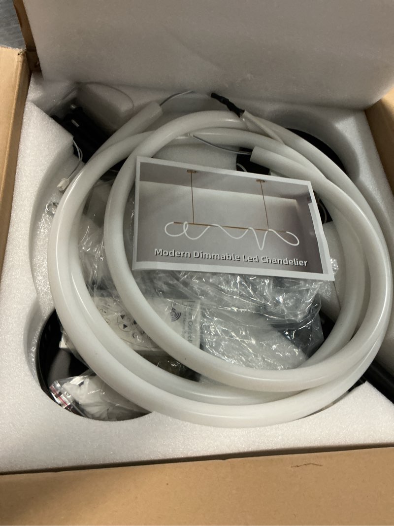 Condition photo showing Good Condition for 59" Dining Room Light Fixture, 31W LED Dimmable Chandelier with Remote Control, Linear DIY Pendant Lights Kitchen Island, Hanging Light Fixture for Bar (Black, 59 in) Black 59 in