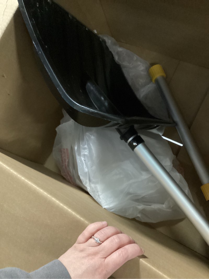 Condition photo showing As Is for KYX 18.5" Wide Snow Shovel with Stainless Steel Wear Strip & D-Shape Handle, Heavy Duty Snow Shovel for Driveway, Sidewalk, Garden, Yard Snow Removal black