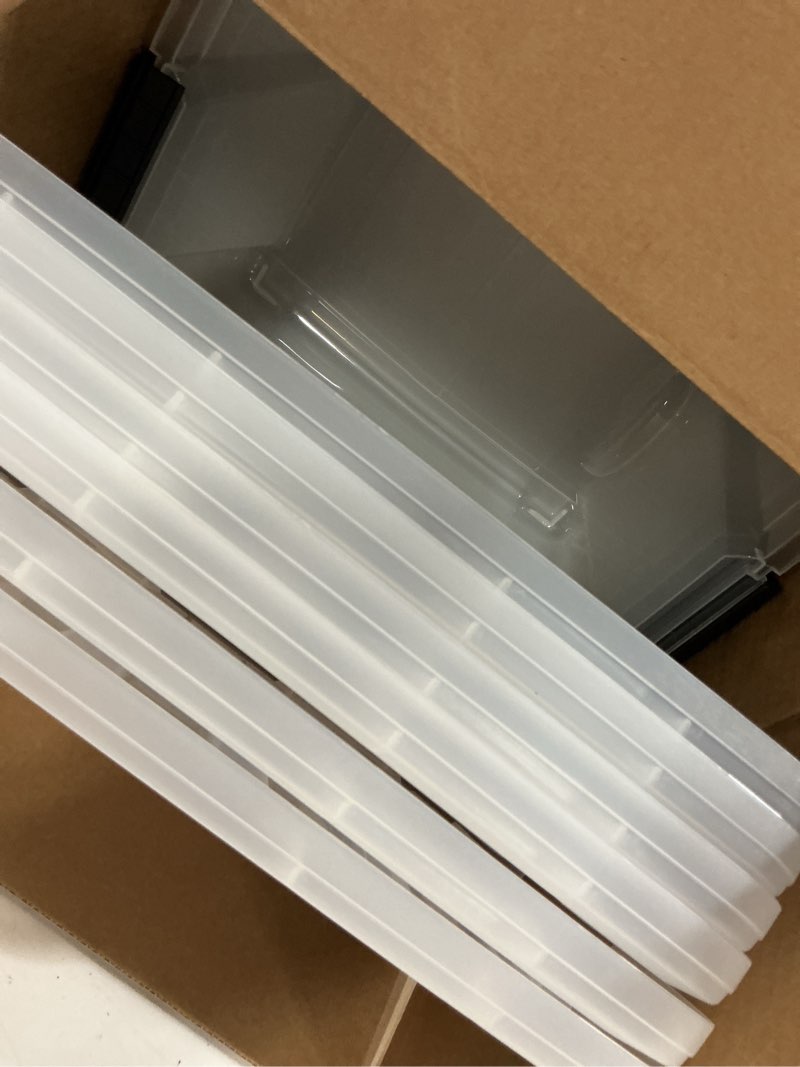 Condition photo showing New/Like New for iris usa 32 qt plastic storage box with lid and latches - 6 pack - bpa-free, see-through organizing solution, durable nestable stackable containers, secure pull handle - clear clear 32 qt 6 pack