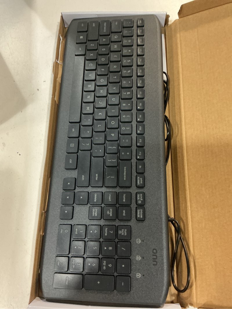 Condition photo showing New/Like New for onn. usb computer keyboard with 104-keys, 5 ft cable, windows and mac compatible, gray