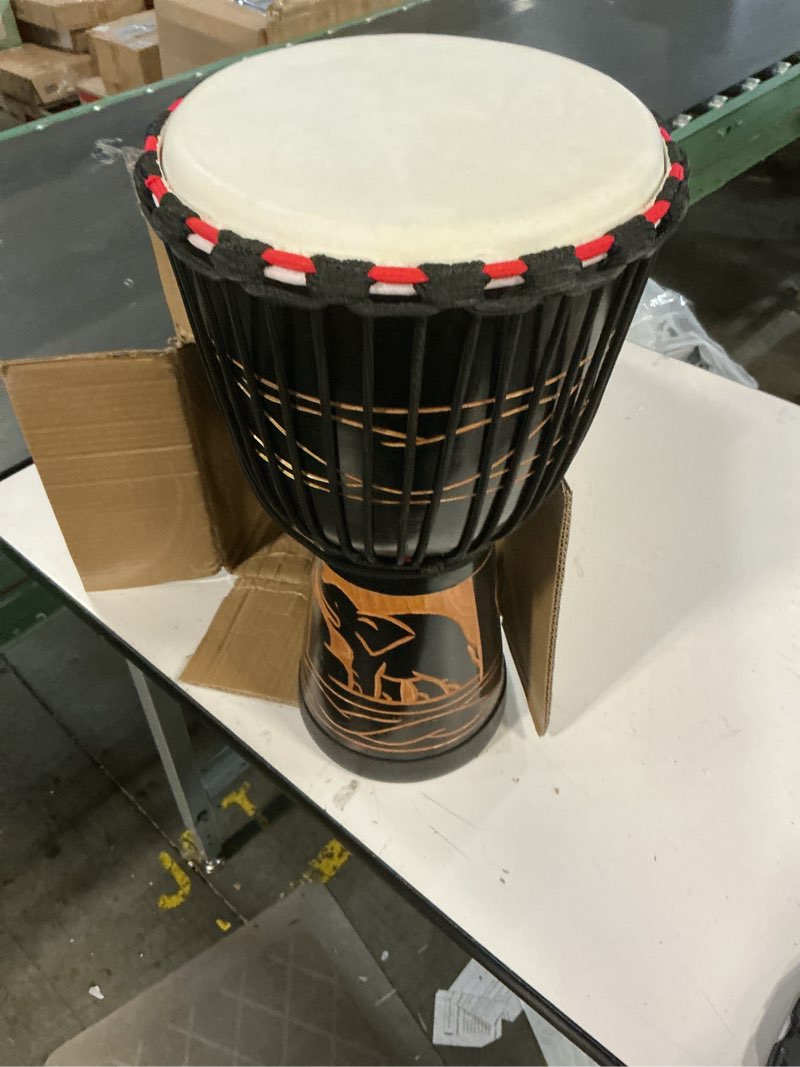 Condition photo showing Good Condition for lieke djembe drum,10'' x 20'' goatskin drumhead african drum mahogany body hand carved pattern hand drums for adults beginners (black) 10'' black