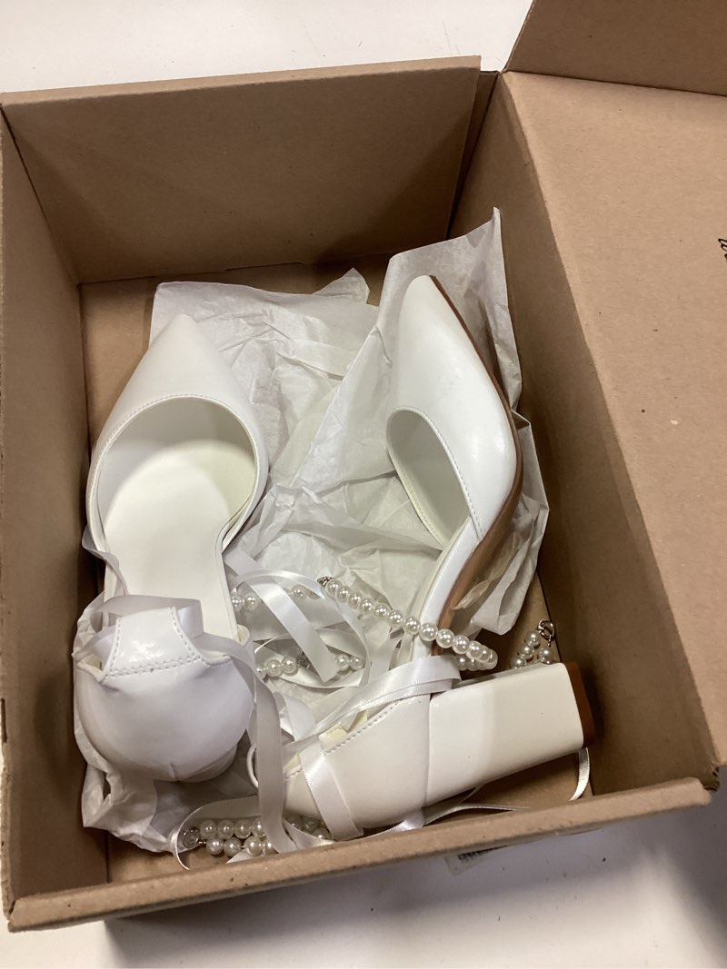 Condition photo showing As Is for Women's Chunky High Heels Pumps Closed Toe Block Heels Dress Pump Shoes for Women Prom Wedding Party Office Work Formal Sandal 8.5 White