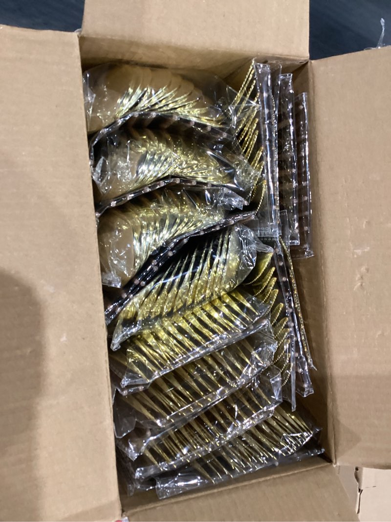 Condition photo showing New/Like New for Lullaby 240PCS Gold Plastic Silverware, Gold Disposable Cutlery with Wood Grain Handle Include 80 Forks, 80 Spoons, 80 Knives, Elegant Disposable Silverware for Wedding, Party, Gathering, Daily Use Gold-240pcs