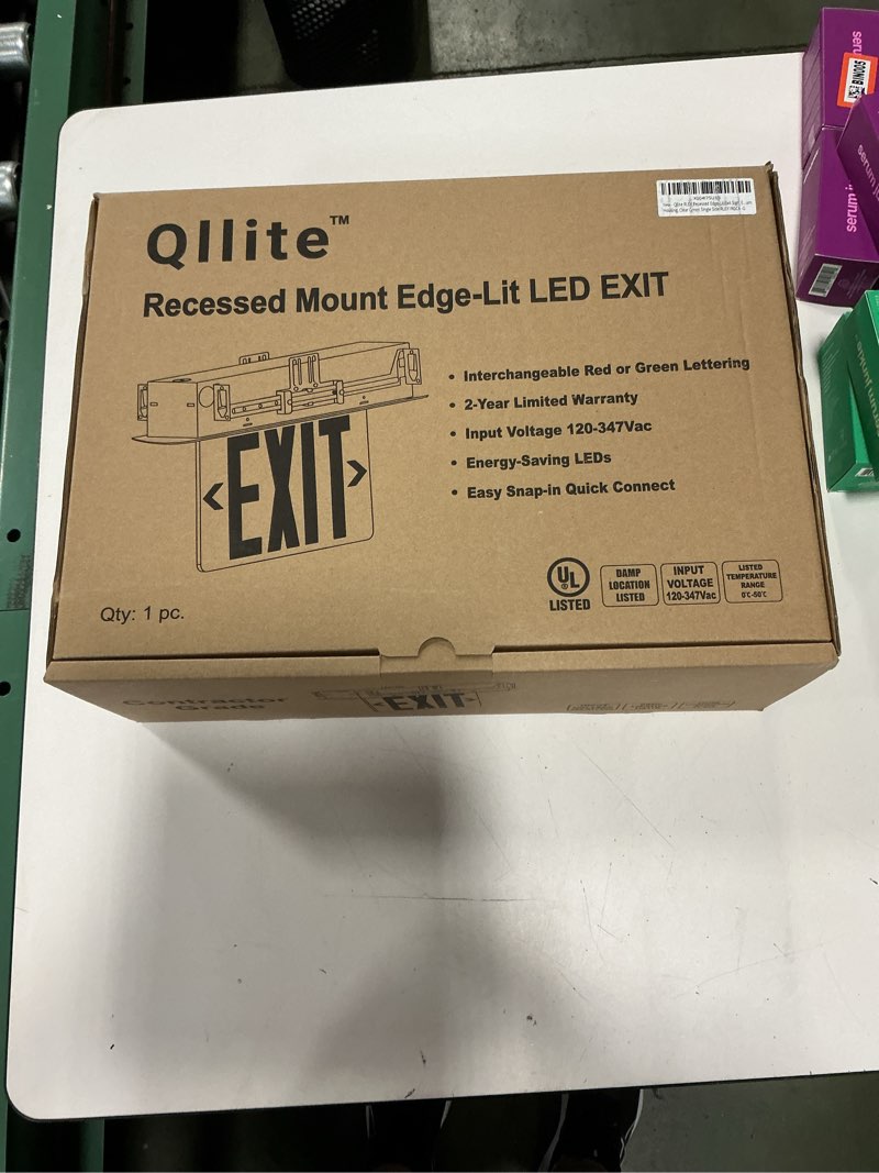 Condition photo showing New/Like New for Qllite LED Exit Sign LED Edge-Lit Exit Sign Emergency Light w/Battery Backup, Recessed Mount Edge, Aluminum Housing, Single Side Clear Acrylic Panel, Green Letters, UL Listed, 120-347V Commercial Use