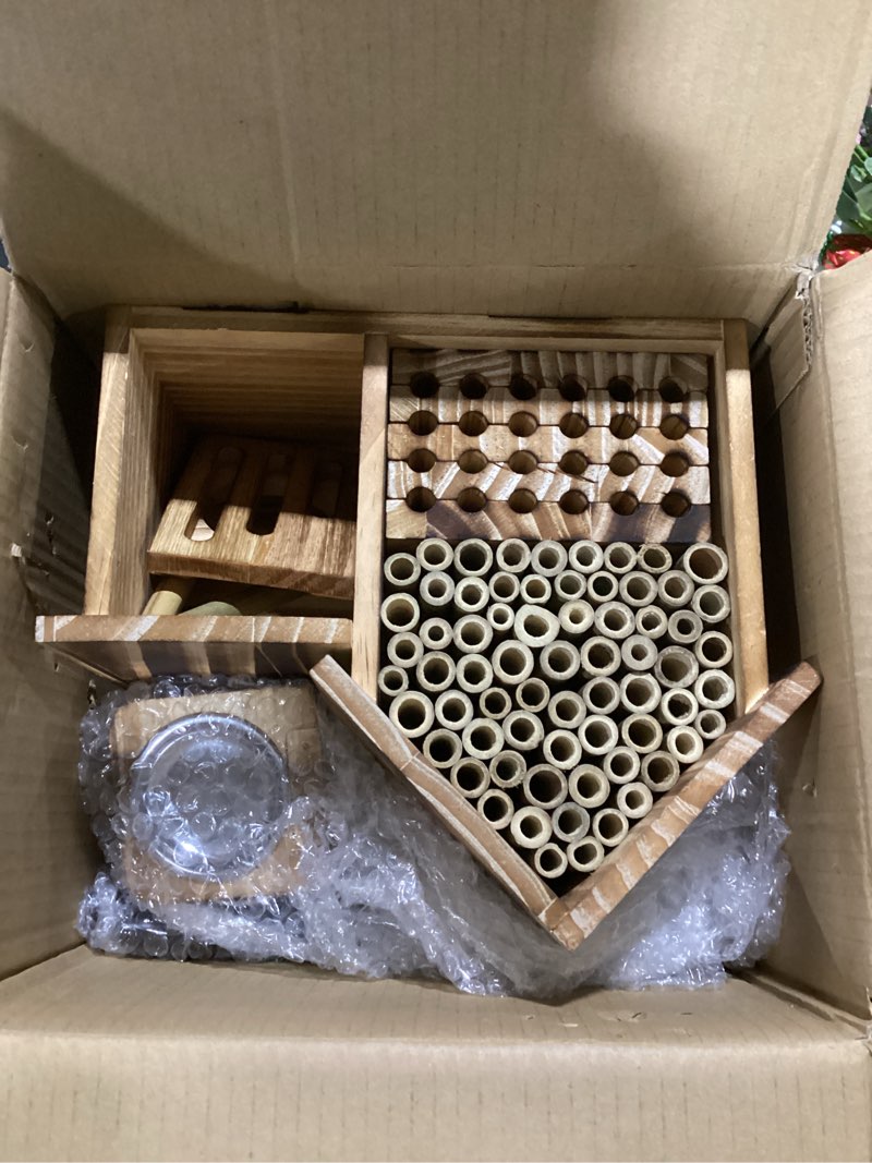 Condition photo showing Good Condition for mason bee house wooden butterfly house with feeders and metal stake, insect hotel for garden backyard, natural handmade waterproof bugs house, attracts bee, butterfly, ladybirds pollinators
