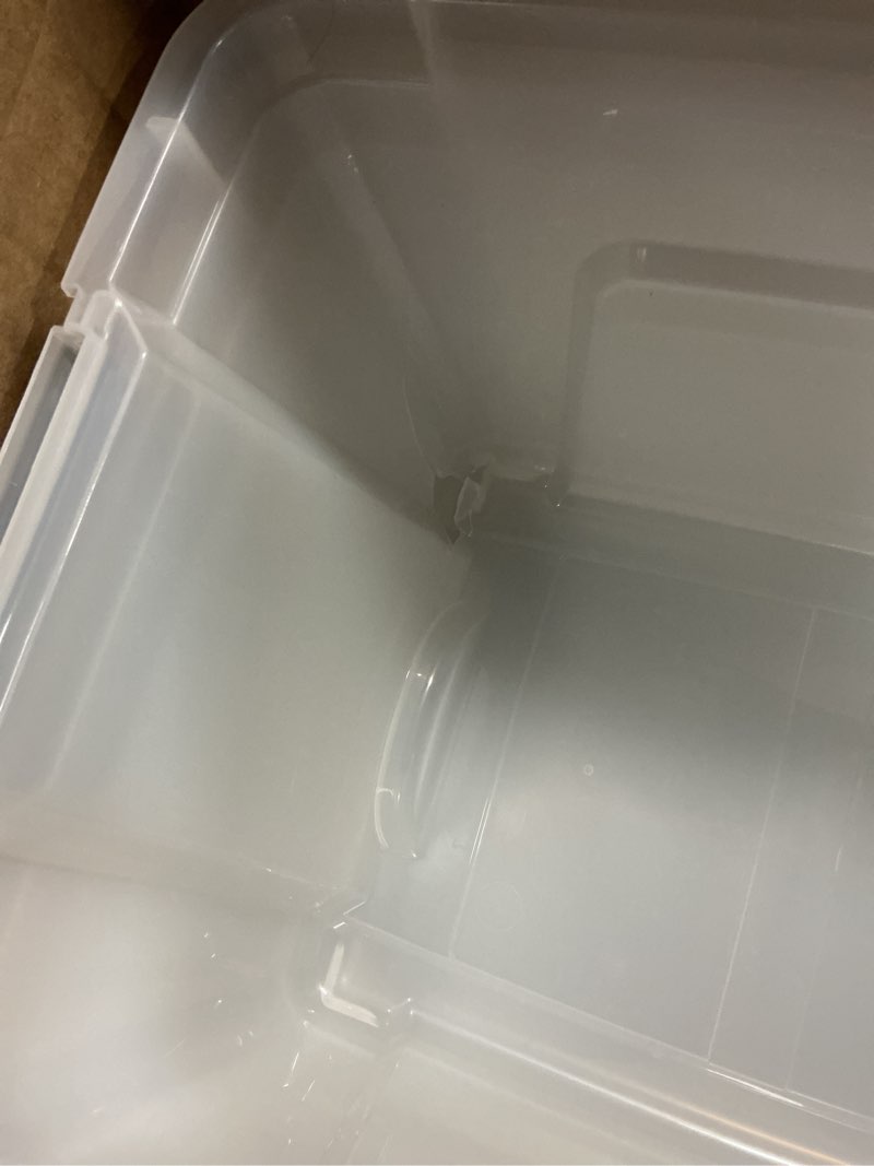 Condition photo showing As Is for IRIS USA 32 QT Plastic Storage Box with Lid and Latches - 6 Pack - BPA-Free, See-Through Organizing Solution, Durable Nestable Stackable Containers, Secure Pull Handle - Clear Clear 32 Qt 6 Pack