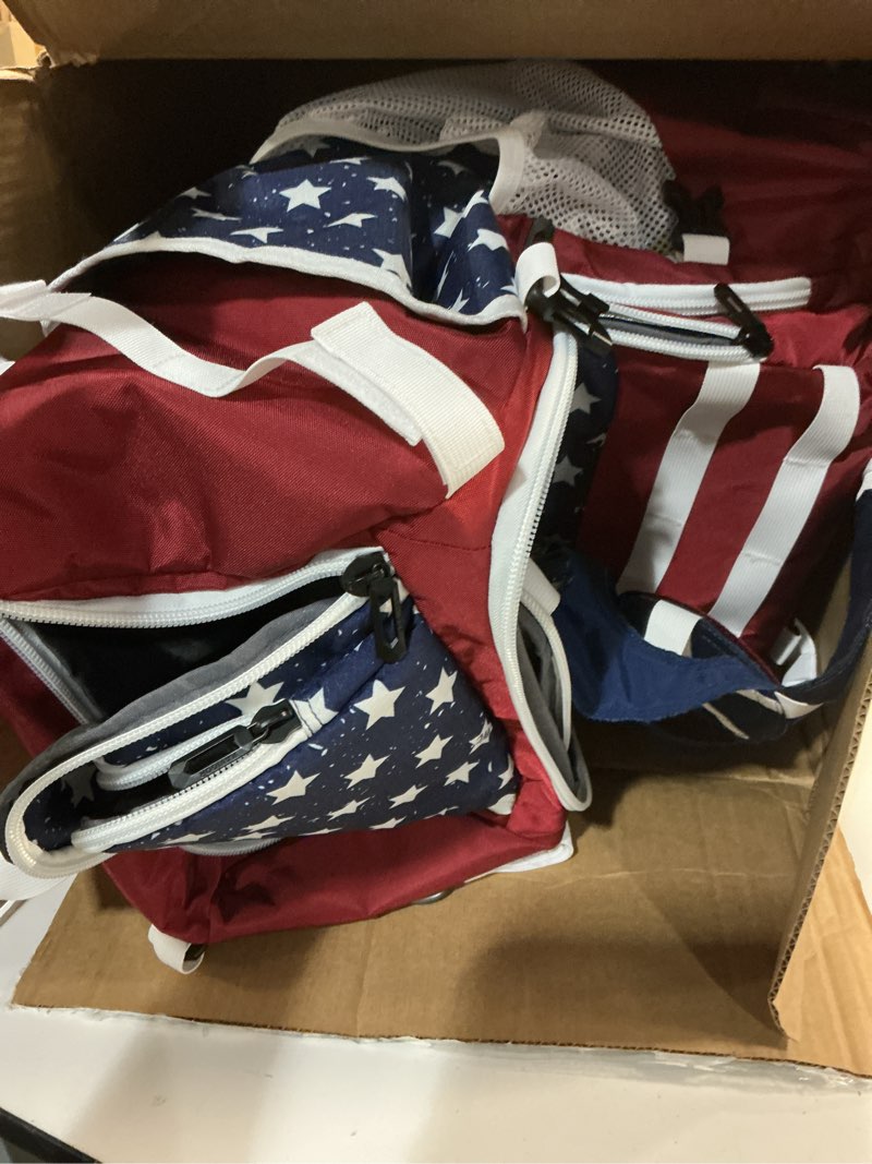 Condition photo showing Good Condition for catchers gear bag, 80l baseball/softball backpack holds 2 sets of gear with shoe compartment, helmet holder & cooler pocket red white & blue