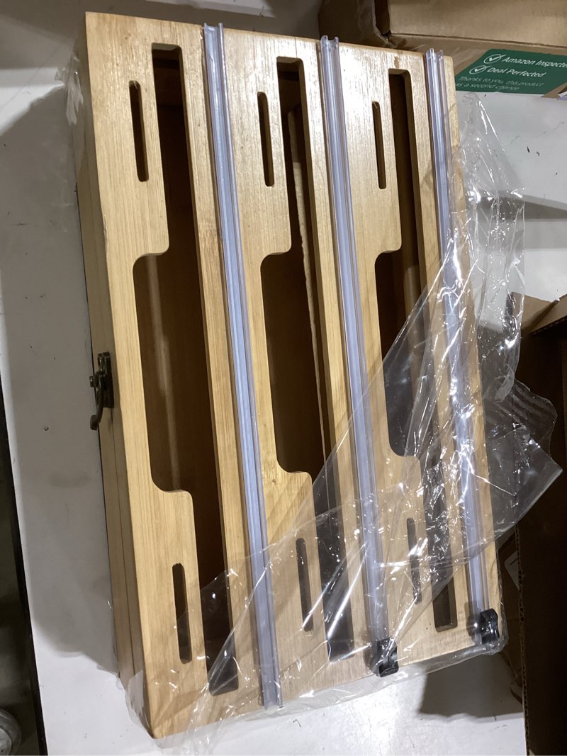 Condition photo showing Good Condition for allinside magnetic plastic wrap dispenser with cutter, 3 in 1 refrigerator bamboo wood organizer for