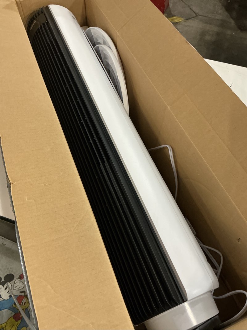 Condition photo showing As Is for levoit tower fan for bedroom, 90° oscillating standing fan with 28db quiet for sleep, 25ft/s velocity, 12h timer, 5 speeds 4 modes, remoter, bladeless room fan for home, office, indoor, 36 inch, white white 36 inches