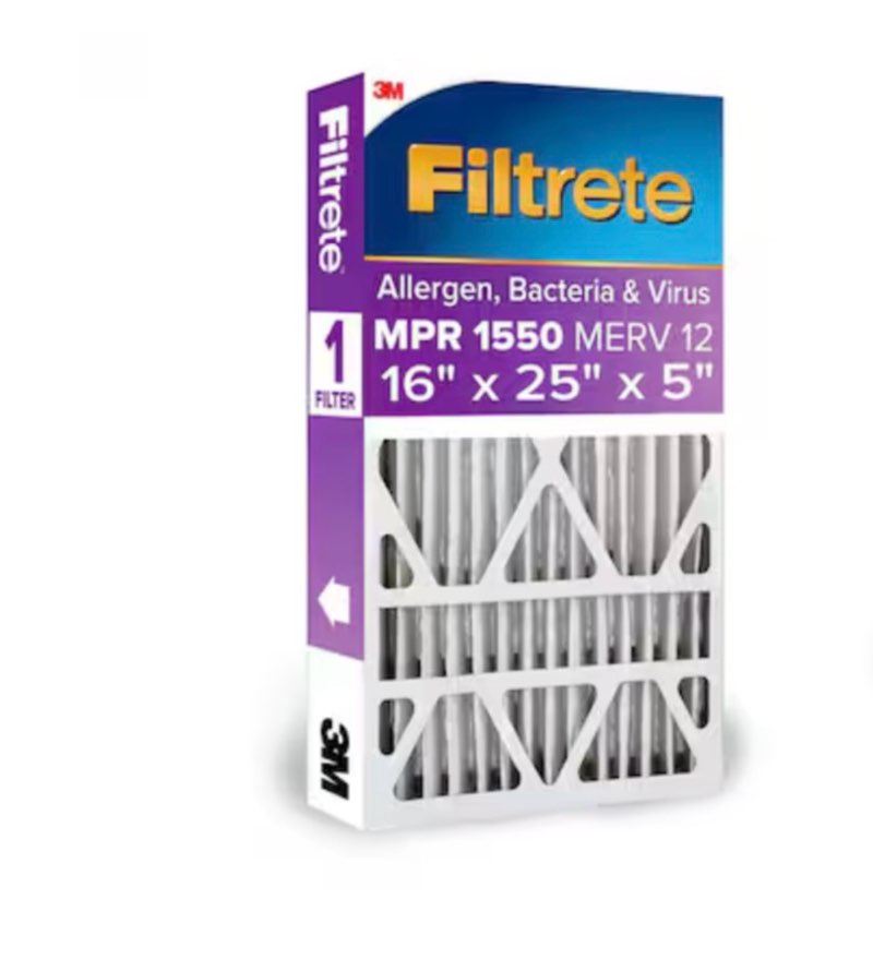 filtrete 16 x 25 x 5 merv 12 1550 mpr allergen, bacteria and virus electrostatic pleated air