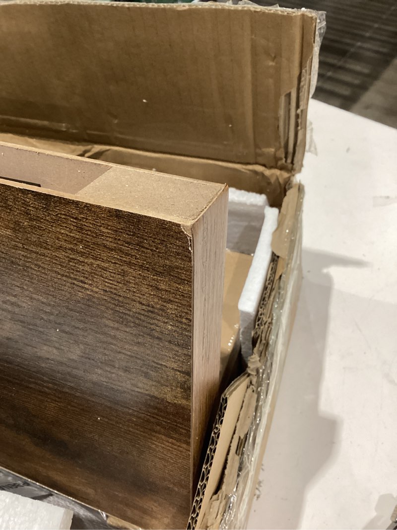 Condition photo showing As Is for forbena rustic wood floating shelves for wall set of 3, 24 inches long wooden hanging shelves for bedroom books, large wall mounted shelves for kitchen, living room, closet storage(dark brown) 23.6 inch rustic brown