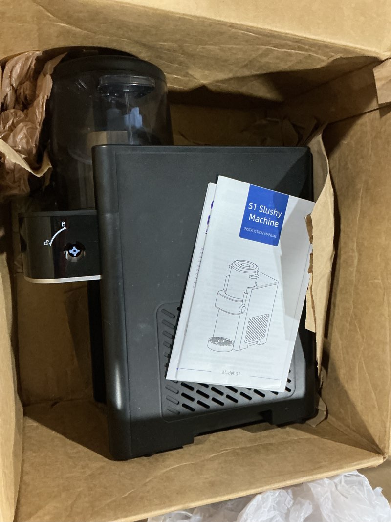 Condition photo showing As Is for slushie machine, ice cream maker, slushy machine for home and families, no ice needed with rapid chill & temperature control, multi-function for margarita, frappé, easy to clean, black