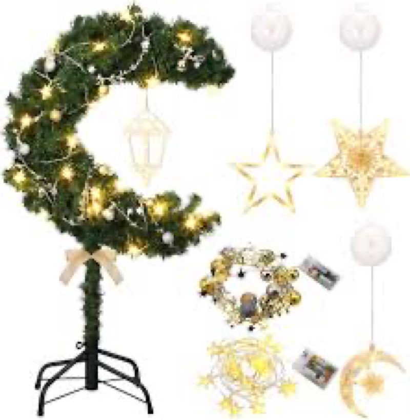 Glooglitter 6ft Ramadan Moon Tree: Lighted Crescent Artificial Tree with Star String LED Eid Outdoor