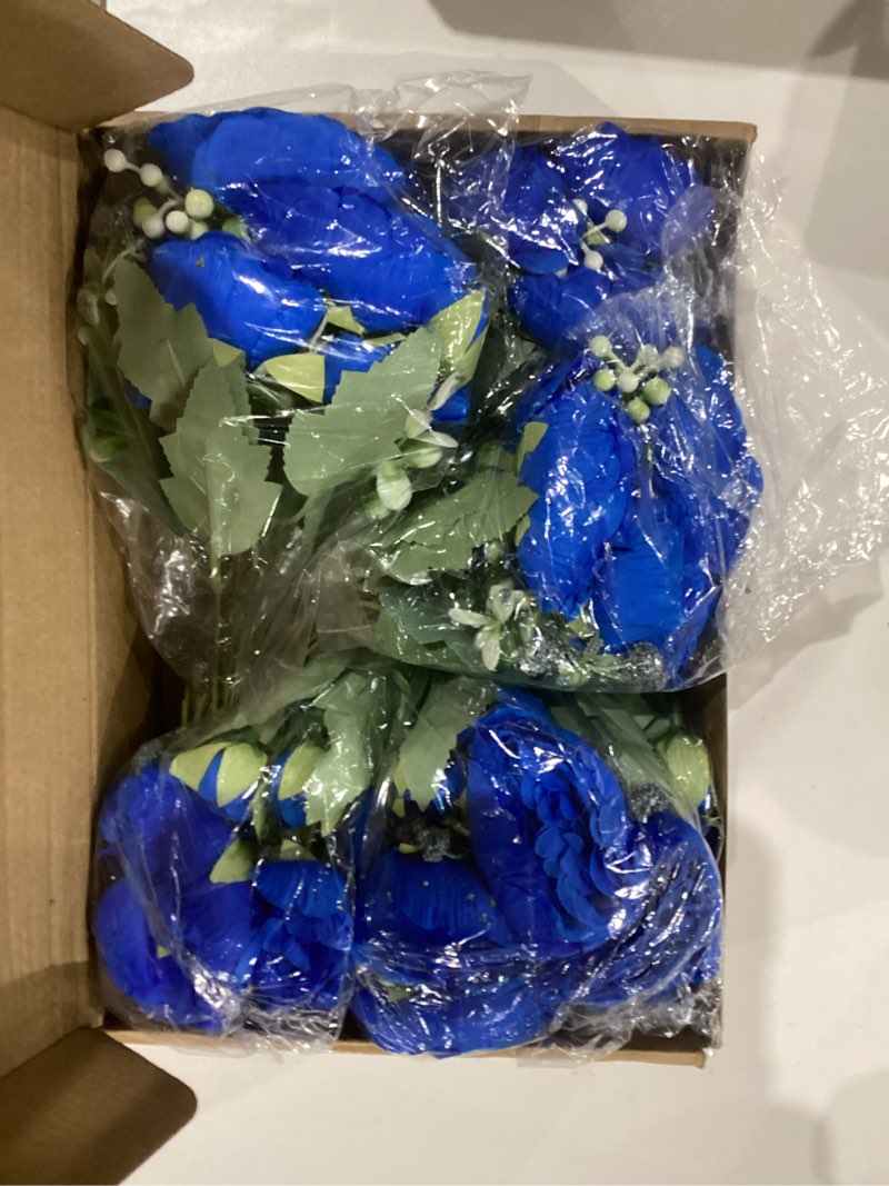 Condition photo showing Good Condition for 8 pack royal blue peonies artificial flowers, faux floral fake silk hydrangea bouquet for bridal wedding home table decor reusable dining opening ceremony birthday arrangement