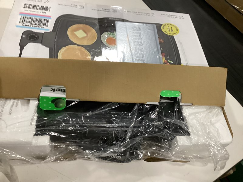 Condition photo showing New/Like New for chefman electric griddle with removable temperature control, immersible flat top grill, burger, eggs, pancake griddle, nonstick easy clean cooking surface, slide out drip tray, 10 x 16 inch 10" x 16"