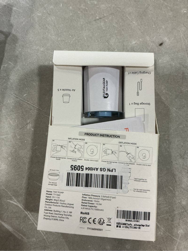 Condition photo showing New/Like New for flextailgear portable air pump for inflatables, 2.82oz classic tiny air pump, rechargeable electric air pump to inflate deflate for camping gear pool floats air mattress blue