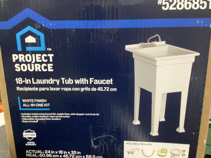 (Incomplete) Project Source 18-in Laundry Tub with Faucet, all-in-one kit including a white tub, faucet, and installation accessories.  Actual Dimensions: 24 in x 18 in x 35 in Material: White Finish Includes: Metal swing faucet, legs, and drain stopper Style: Freestanding utility sink