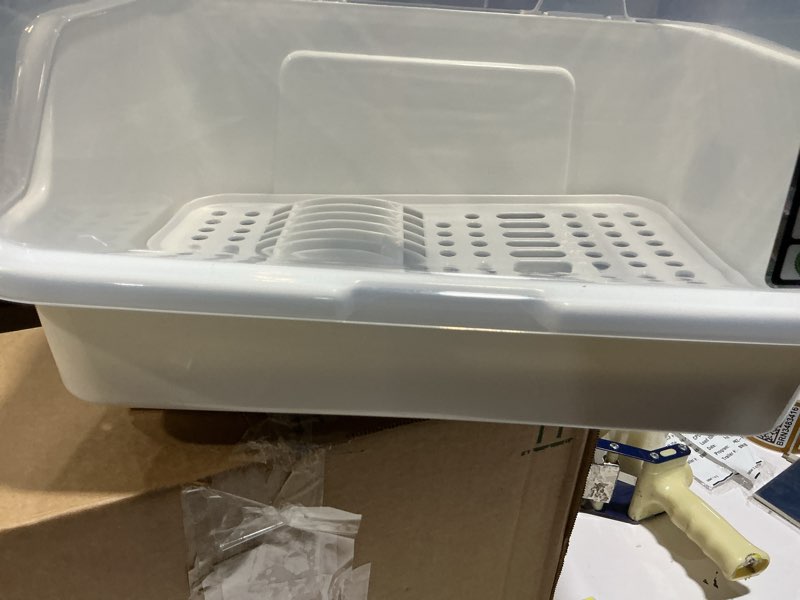 Condition photo showing Good Condition for (Similar to) Tomorotec Medium Size Dish Drying Rack and Drain Board with Lid Cover, 16\" x 12.2\" x 10.6\" Nursing Bottle Holder, Kitchen Plate Cup Tray Cutlery Drainer