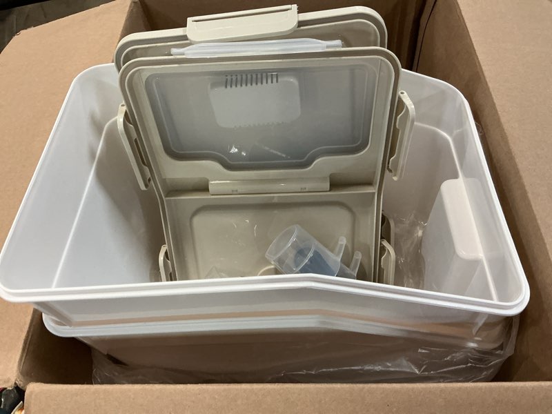 Condition photo showing Good Condition for YXQ Rice Storage Container 2 Pack 50 lb Flour Storage Container with Wheels, BPA Free Food Storage Container with Measuring Cup Dog Cat Food Bin Set for Dry Food Sugar, Cereal-Green Green/50lbs,2counts