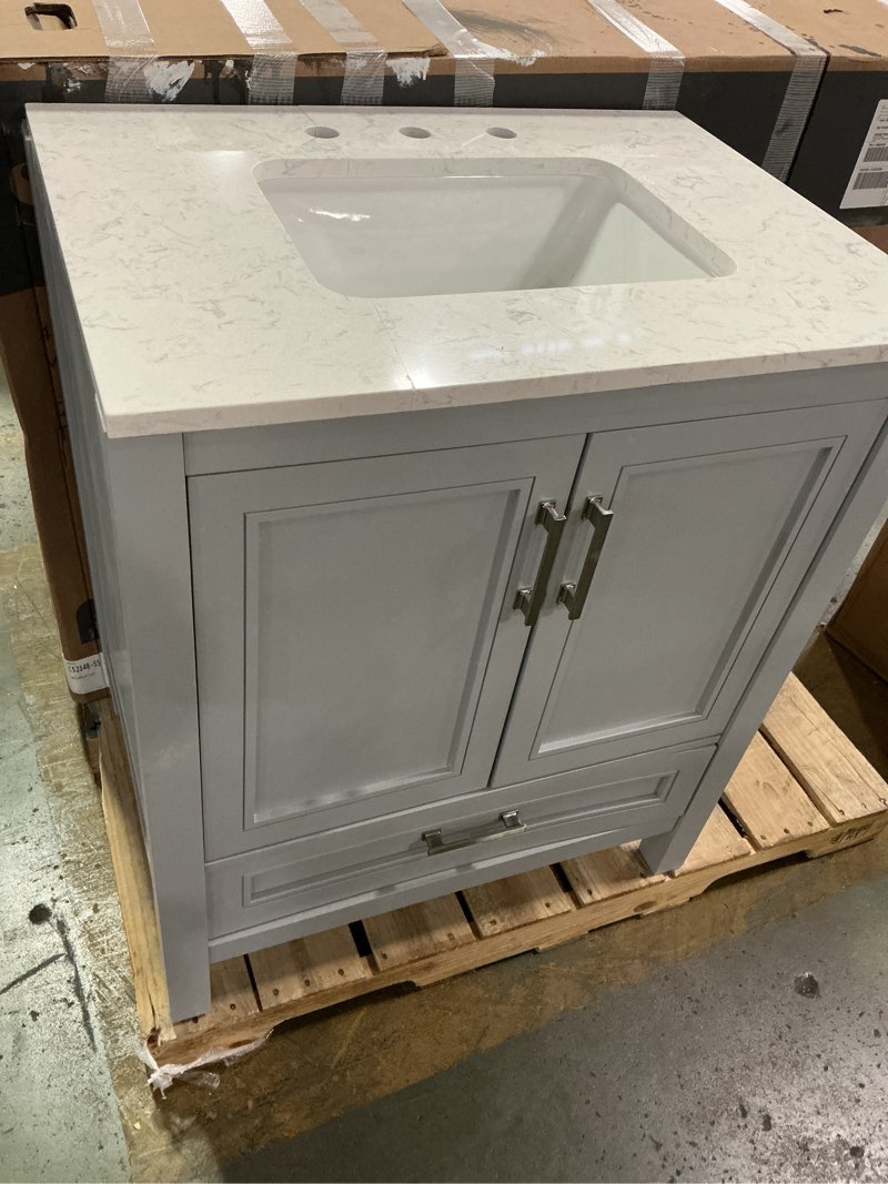 Condition photo showing As Is for allen + roth Crest Hill 30-in Muse Gray Undermount Single Sink Bathroom Vanity with Engineered