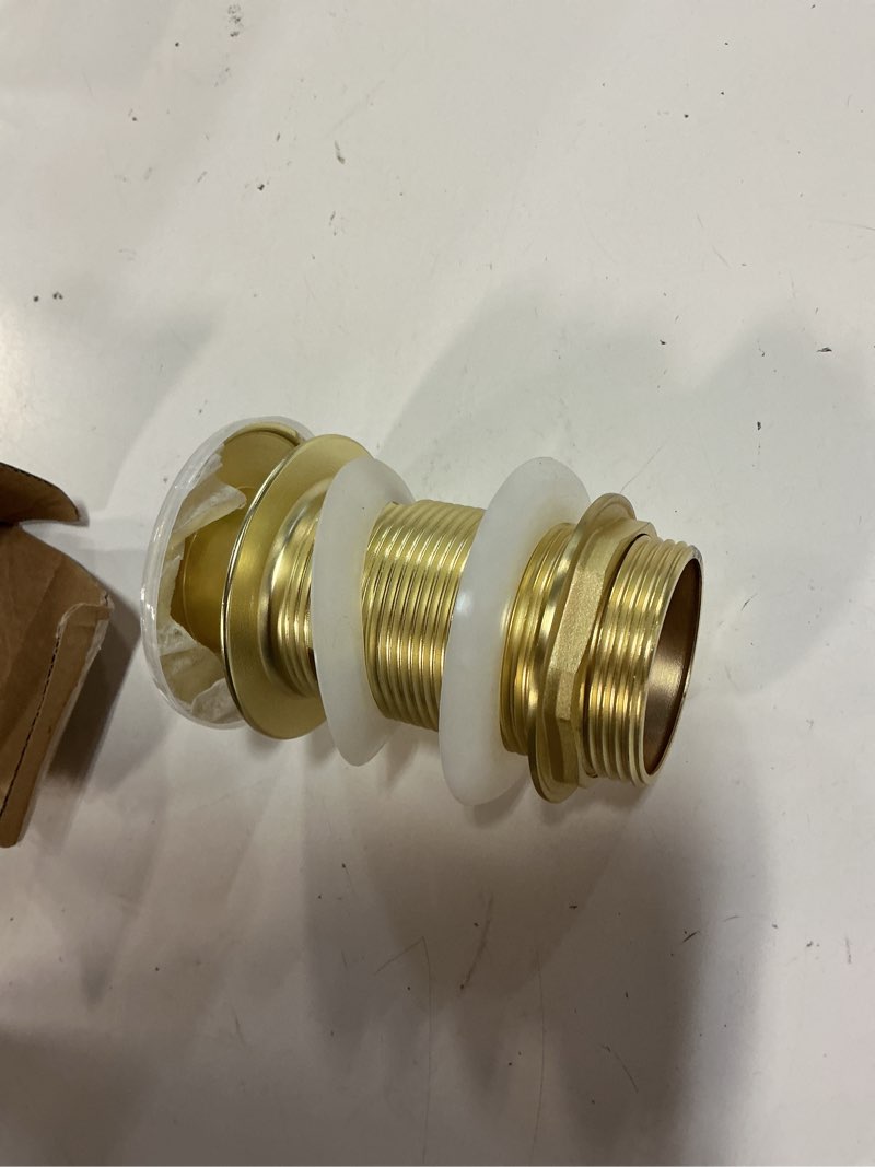 Condition photo showing As Is for brass freestanding tub drain, pop up freestanding tub drain plug, fits most freestanding tub drain kits (brushed gold)
