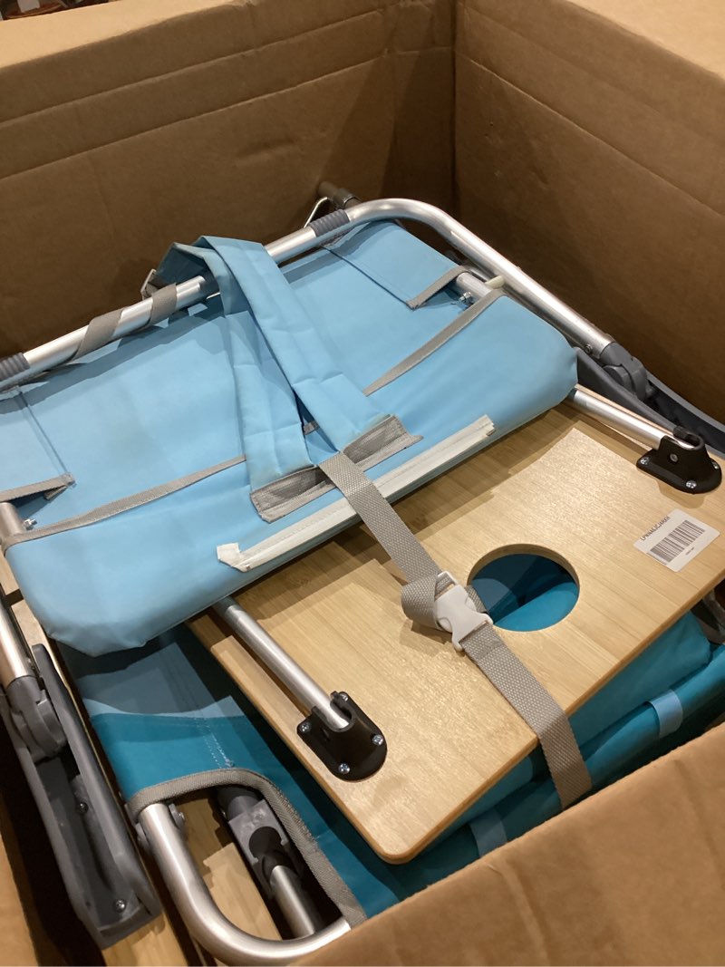 Condition photo showing Good Condition for folding backpack beach chair for adults & teens aluminum 5-position lay flat lounge chair with camping bamboo table 200lbs beach reclining chair outdoor with cooler bag cyan cyan 1 pack