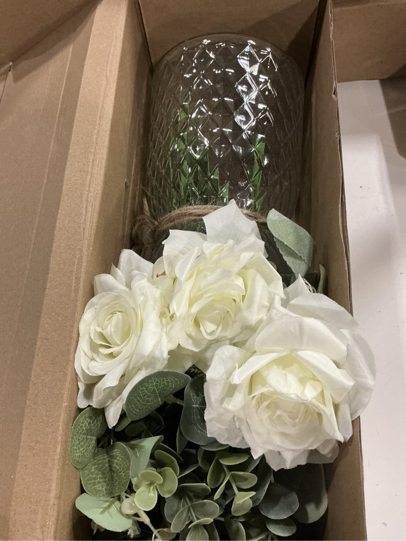 Condition photo showing New/Like New for hohotime artificial flowers with vase, white silk roses fake flower arrangement with eucalyptus, faux plant vase for home office dining table centerpiece coffee table decor farmhouse decoration