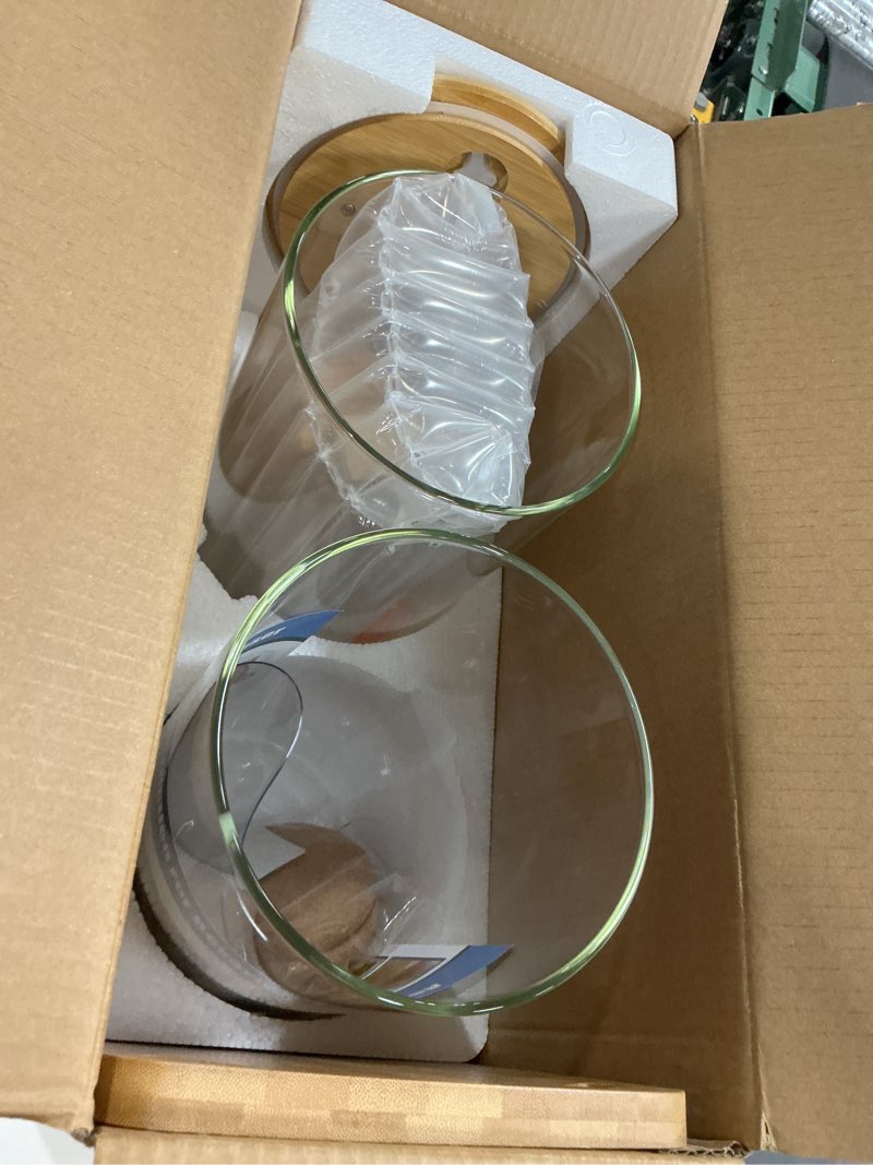 Condition photo showing Good Condition for 1.5 gallon 2 pack glass drink dispenser, beverage dispenser with wood stand, lemonade dispenser with airtight valve and stainless steel spigot,drink dispenser for parties 2pack 1.5 gallon