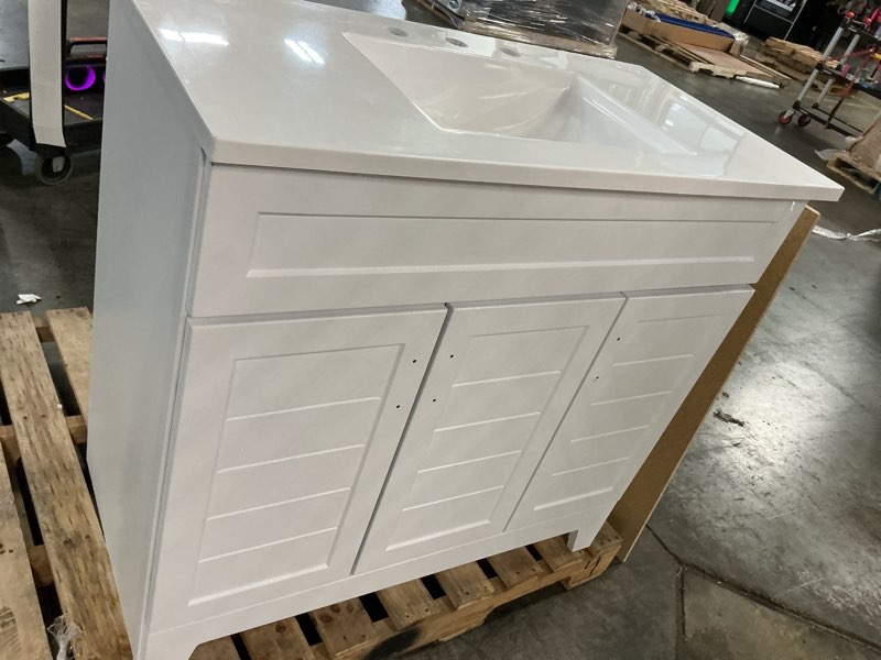 Condition photo showing As Is for style selections kirkman 36-in true white single sink bathroom vanity with white cultured marble