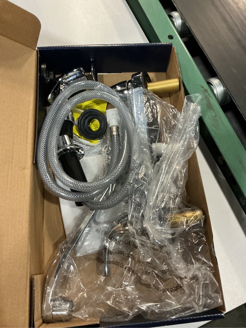 Condition photo showing As Is for project source dover chrome double handle deck-mount kitchen faucet (includes deck plate) (includes side sprayer)