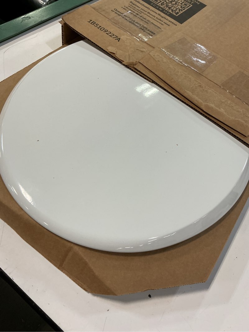 Condition photo showing As Is for mayfair cassel slow close toilet seat, easy clean, non slip premium wood seat, easy install, made in usa, round, white