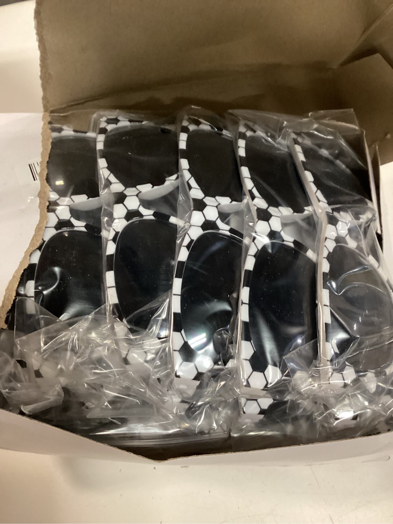Condition photo showing New/Like New for chunnin 16 pack soccer sunglasses white black frame sunglasses bulk for soccer party favors sports plastic glasses for team gifts birthday goodie bags stuffers sports theme party supplies favors