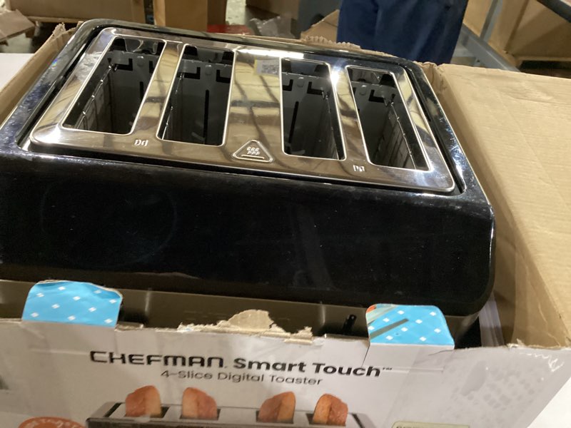 Condition photo showing As Is for Chefman Smart Touch 4 Slice Digital Toaster, 6 Shade Settings, Touchscreen Bagel Toaster 4 Slice with Extra-Wide Slots, +10 Seconds, Defrost, Removable Crumb Tray – Stainless Steel 4 Slice Stainless Steel